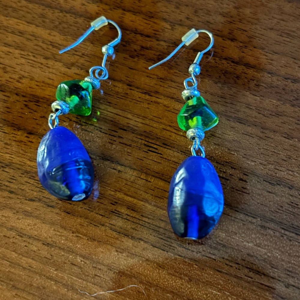Blue & green glass beads in this classic drop earring